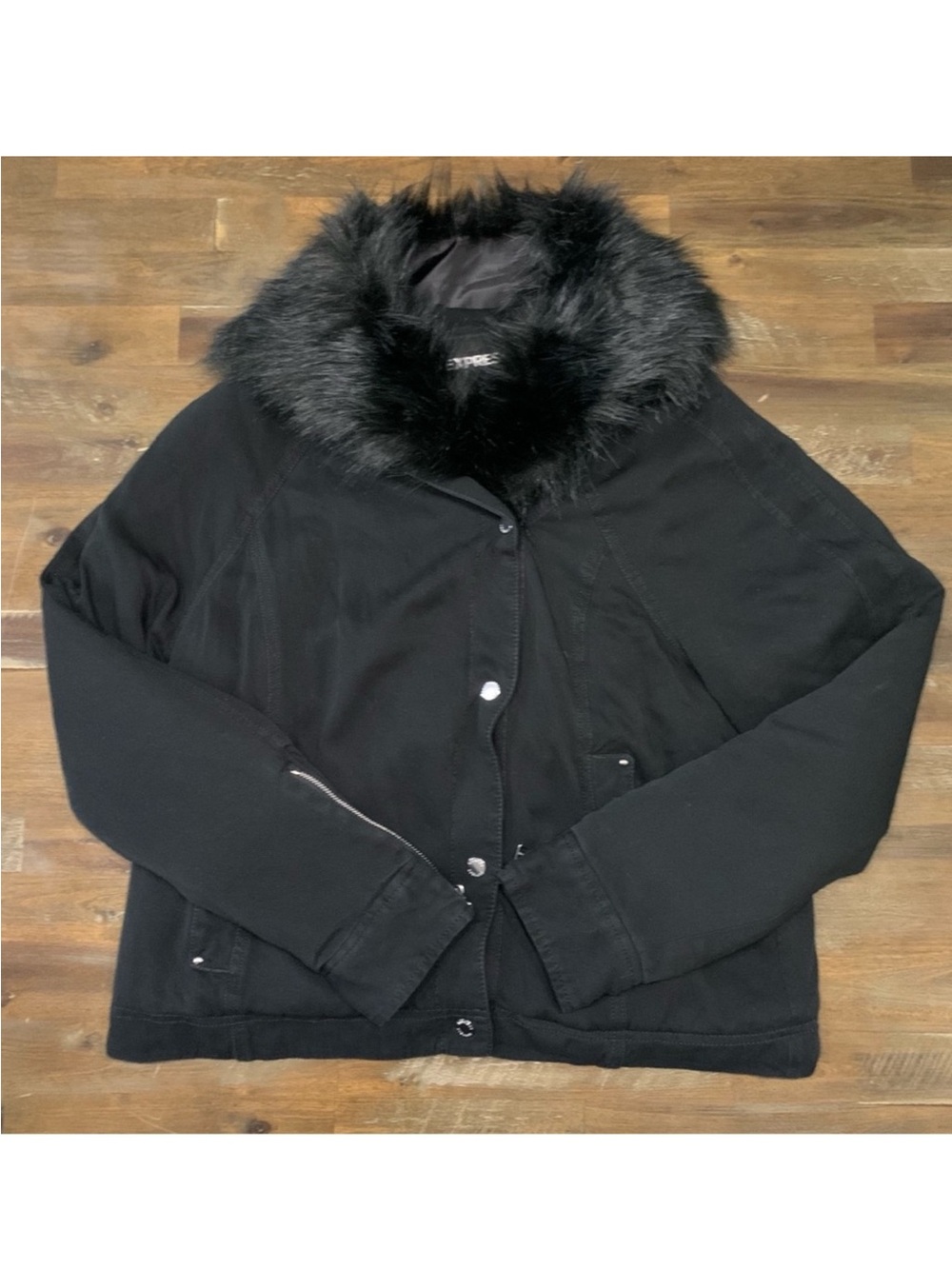 Express black furry lined jacket with removable faux fur collar liner
